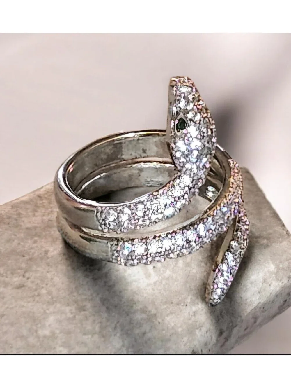 Adjustable Snake Ring Rhodium Plated Pave CZ Green Eyes Serpent Wrap Design